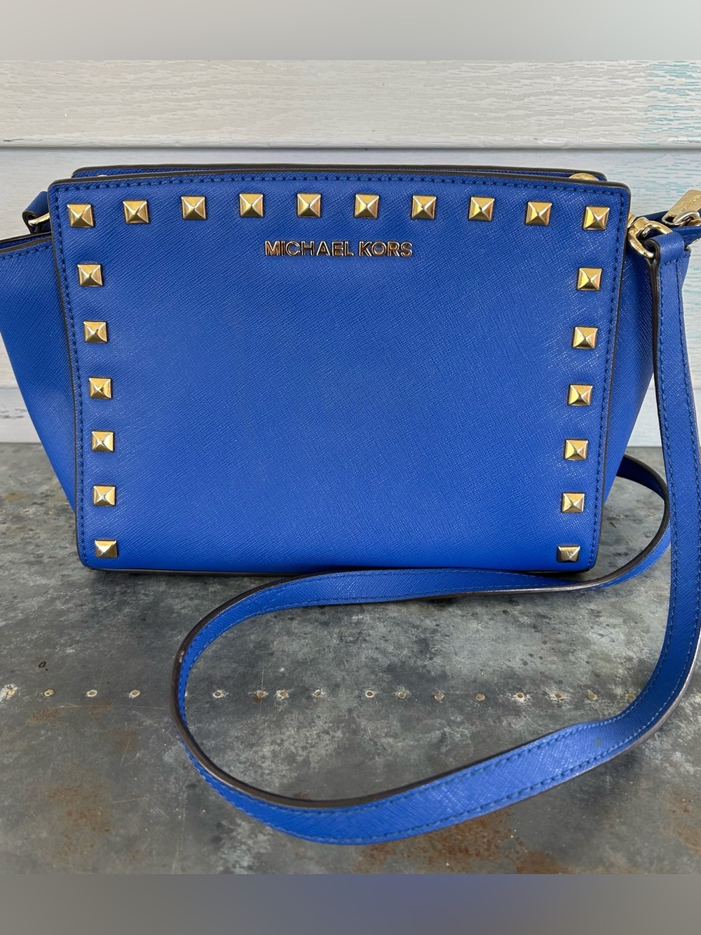 Michael Kors Selma Studded Saffiano Leather Crossbody Messenger Bag Blue